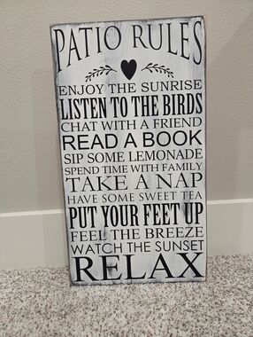 Patio Rules Rustic Wooden Wall Sign - Black & White